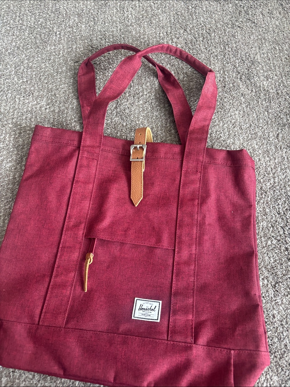Herschel Supply Company Burgundy Canvas Tote with Tan Leather Strap